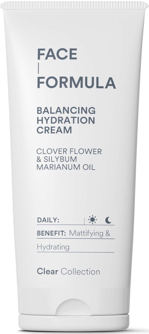 Witte tube gemarkeerd Face Formula Balancing Hydration Cream met bloem- en olie ingrediënten, voor dagelijks gebruik met rustgevende en hydraterende voordelen.