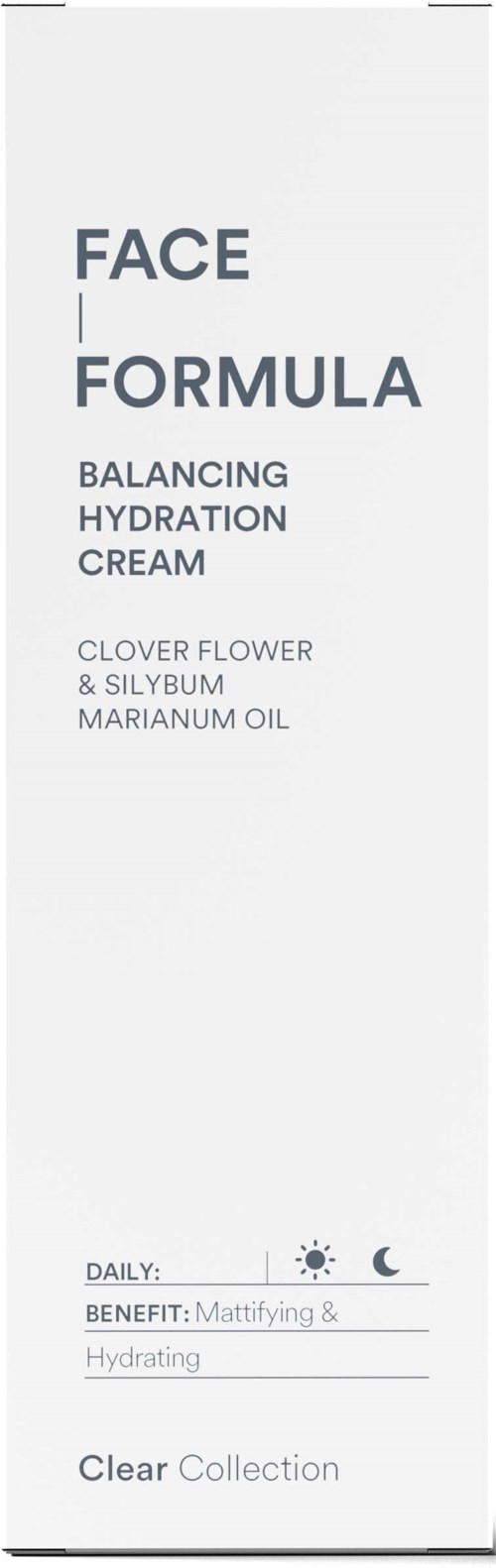 Een huidverzorgingsproduct genaamd FACE FORMULA, balancerende hydratatiecrème met bloemen en planten, bevordert hydratatie en versteviging.