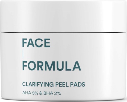Een witte container van Face Formula Clarifying Peel Pads met AHA en BHA ingrediënten.