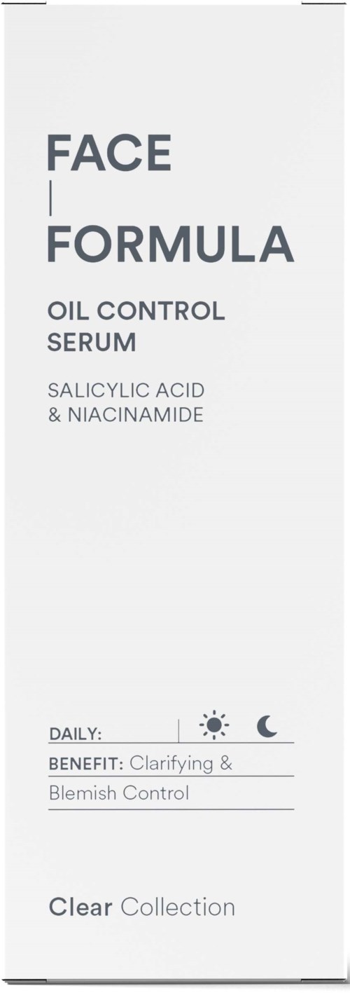 Dit is een huidverzorgingsproduct genaamd Face Formula, een oliecontrole serum met salicylzuur en niacinamide voor helderheid en onzuiverheden.
