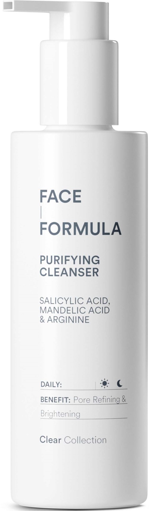 Een witte fles met pomp getiteld face formula reinigende reiniger, bevat salicylzuur, mandelic acid en arginine.