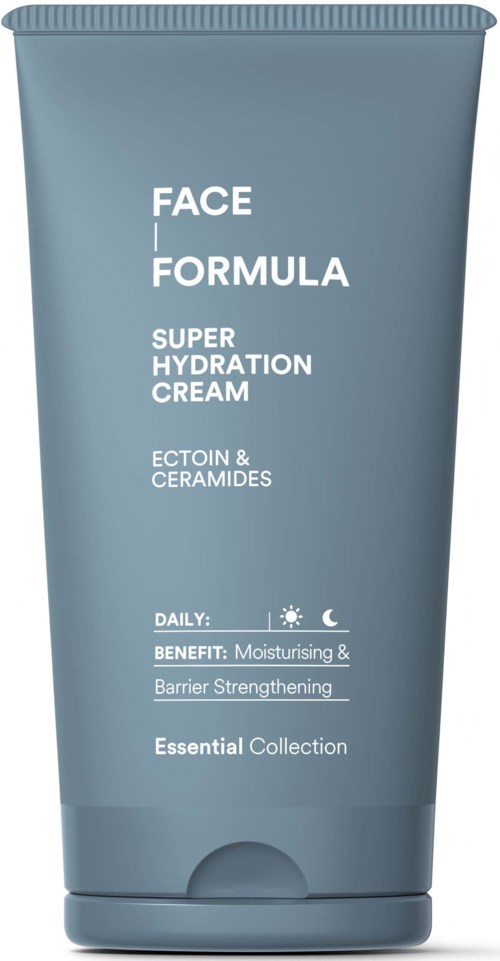 Een blauwe tube gezichtscrème genaamd Face Formula Super Hydration, met ingrediënten en voordelen.
