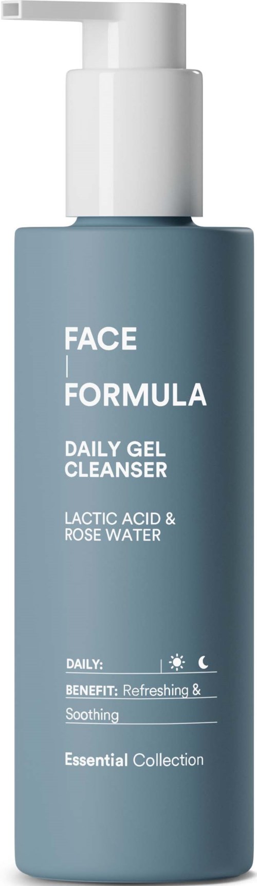 Een blauw flesje met pomp bedrukt met Face Formula Daily Gel Cleanser, bevat melkzuur en rozenwater.