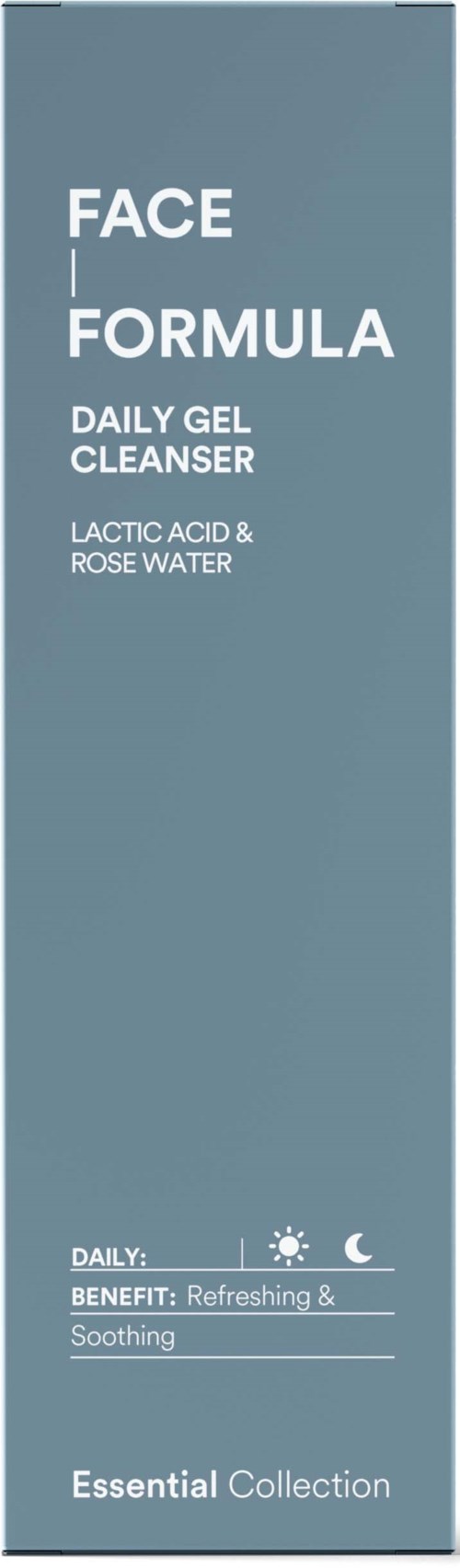 Een blauwe verticale doos met witte tekst die een gezichtsreiniger beschrijft met voordelen van zuur en rozenwater.