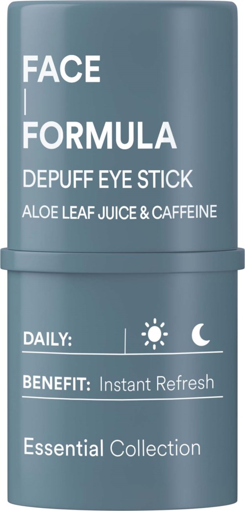 Eine dunkelgraue Flasche mit der Aufschrift Face Formula Depuff Eye Stick mit Aloe, Koffein und Aloe Vera Saft. Täglich für Erfrischung.