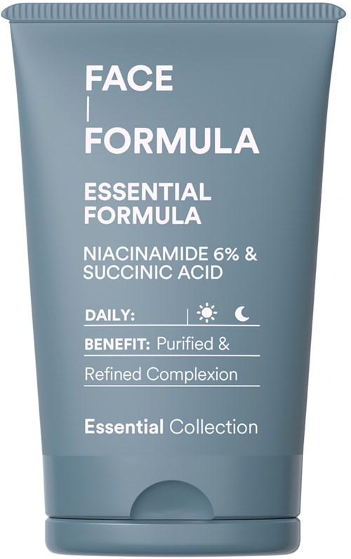 Een blauwe huidverzorgingstube met 'Face Formula' en informatie over ingrediënten en voordelen voor de huid.