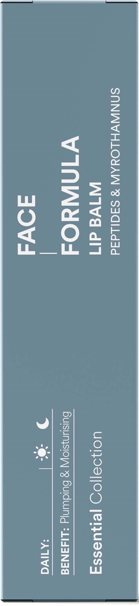 Een blauwe verticale doos met tekst over een gezicht formule lippenbalsem en huidvoordelen. Het is onderdeel van de Essential Collection.
