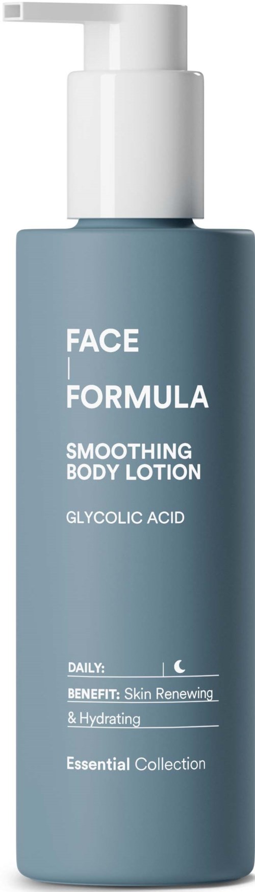 Eine blaue Flasche mit weißem Pumpaufsatz, beschriftet mit Face Formula Smoothing Body Lotion mit Glycolsäure.