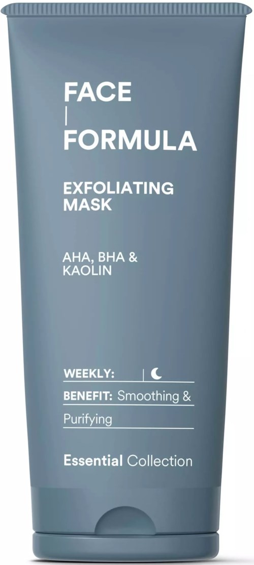 Ansiktsmask i blå tub med vit text om ingredienser och fördelar.