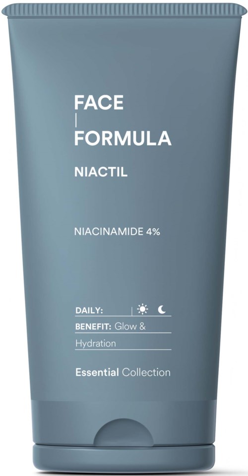 A blue tube of face cream with white text, offering glow and hydration benefits, labeled as essential collection.