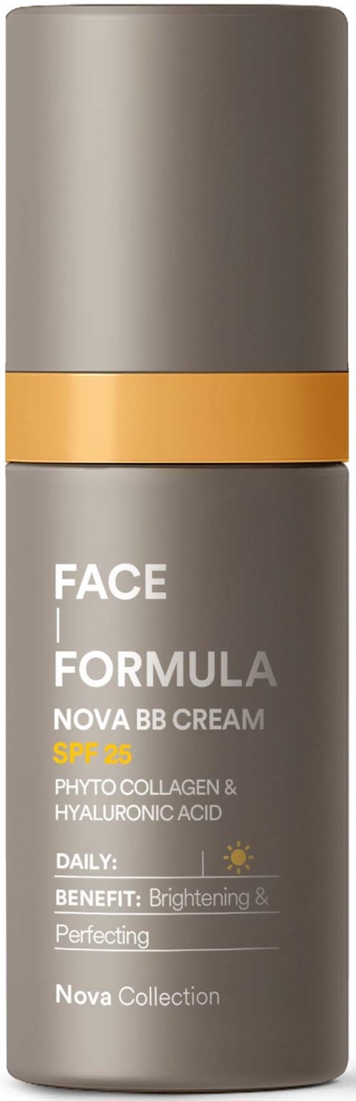 A bottle of Face Formula Nova BB Cream with SPF 15, containing collagen and hyaluronic acid. Designed for brightening and perfecting skin.