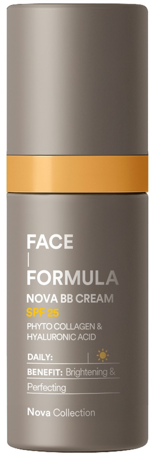 A grey bottle of Face Formula Nova BB Cream with SPF 25, containing phytocollagen and hyaluronic acid.
