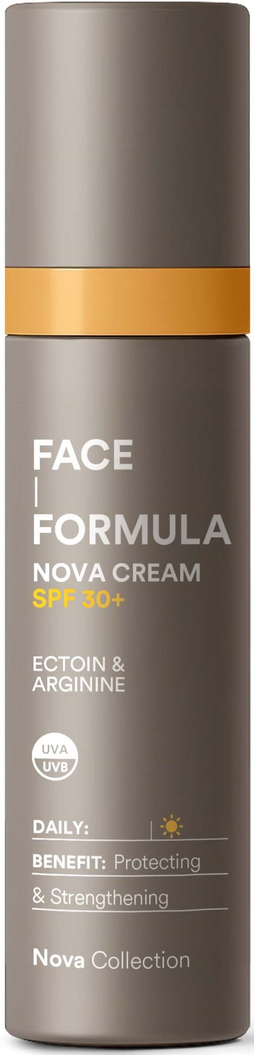 En lång, grå flaska med en guldkant, märkt för ansiktskräm med SPF 30+ och hudvårdsfördelar.