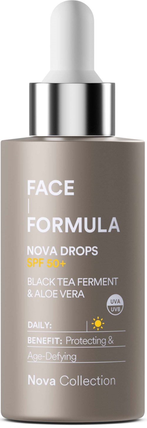 A bottle with a dropper cap, labeled Face Formula Nova Drops, with SPF 60+, designed for skin protection.