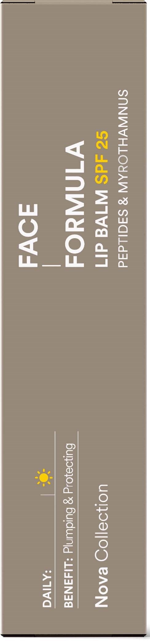 Een huidverzorgingsdoos met label Face Formula A SPF 25, bevat lippenbalsem, peptiden en myrthaminus. Dailily en Nova Collection.