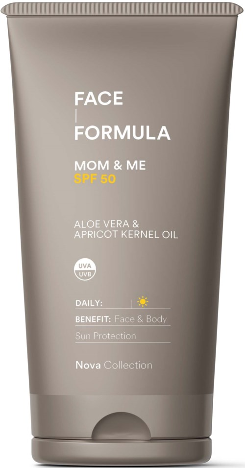 Tube mit Gesichtscreme, SPF 50, Aloe Vera, Aprikosenkernöl und Sonnenschutz.