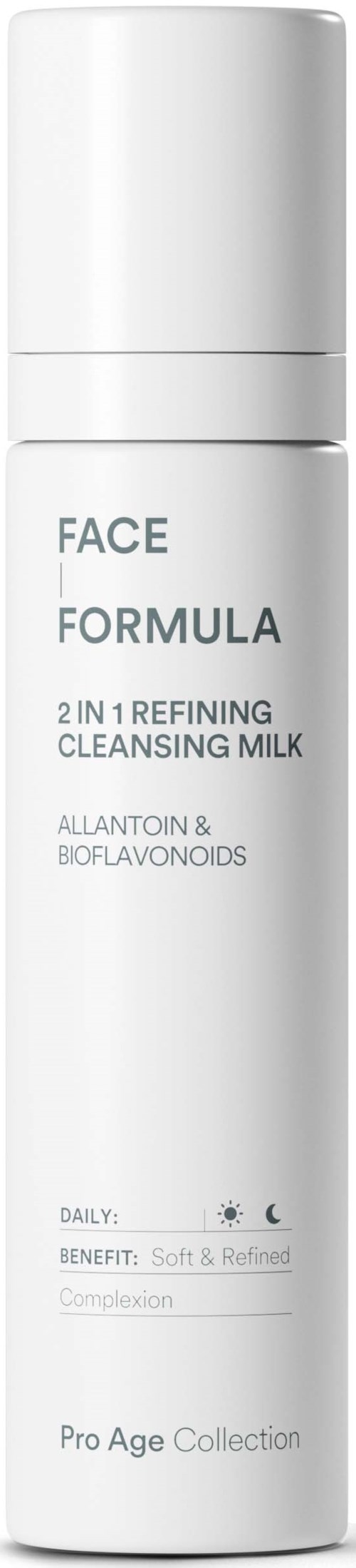 A white bottle labeled Face Formula, with a pump top, for cleansing and refining skin. It’s part of Pro Age Collection.