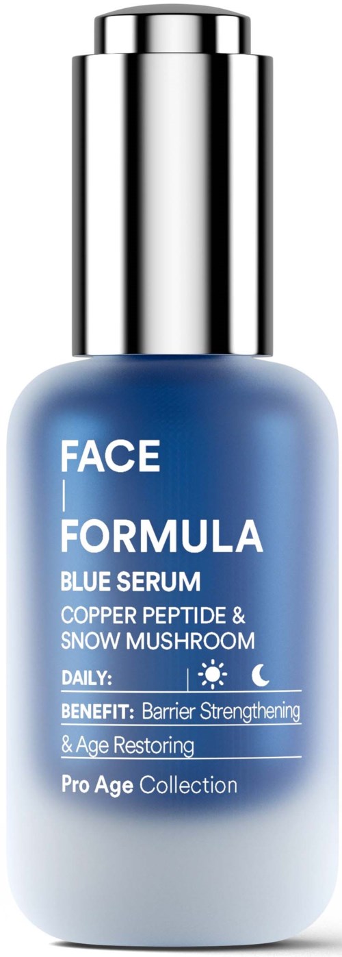 Een blauwe serumfles met zilveren dop uit de Face Formula Pro Age Collectie voor huidverzorgingsvoordelen.