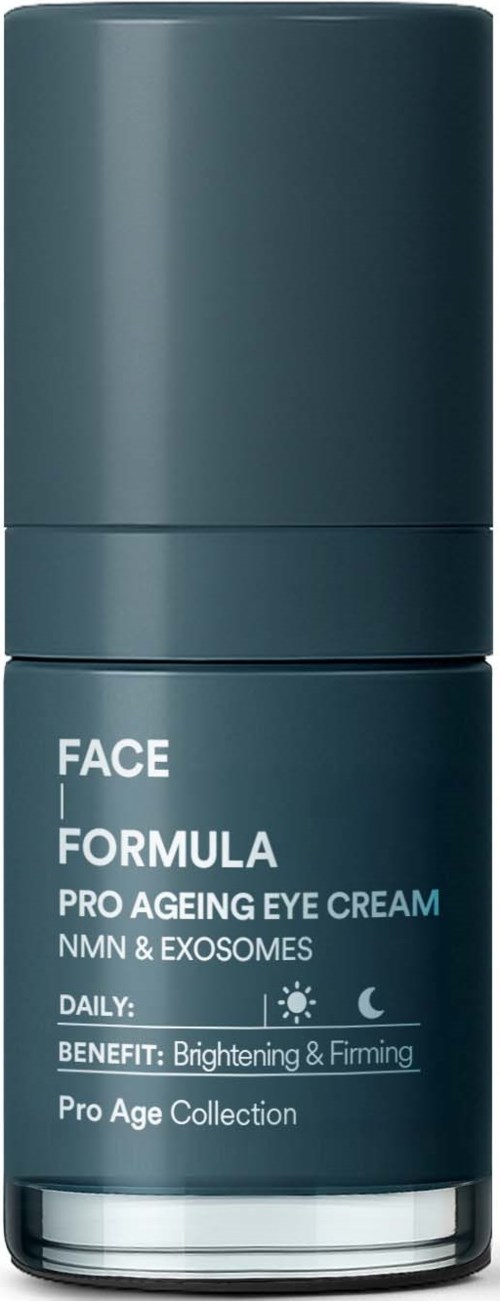 Pro age Augencreme zur Aufhellung und Straffung mit blauber Flasche und weißem Text.