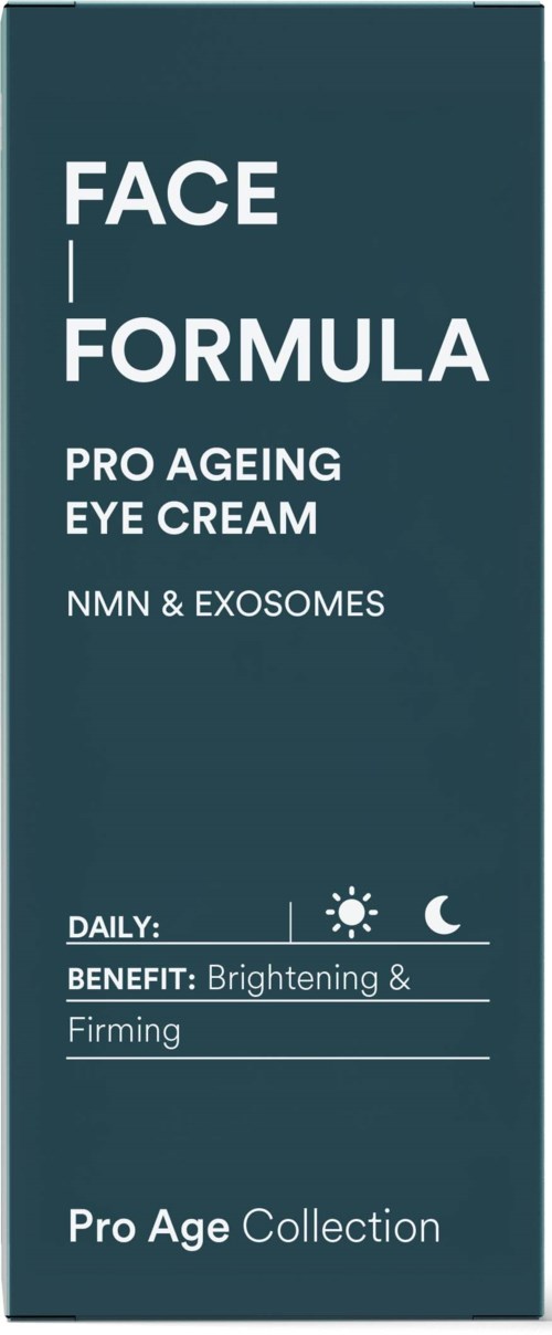 Eine dunkelblaue Verpackung mit weißem Text, bewirbt Gesichtssahne für Anti-Aging, Aufhellung und Straffung, Teil der Pro Age Collection.
