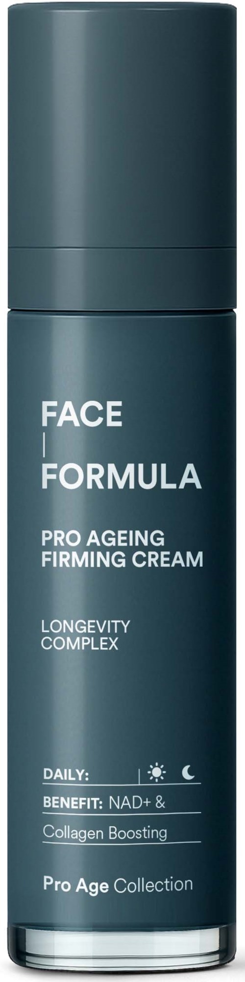 En blå flaske merket Face Formula Pro Ageing Firming Cream med fordeler som kollagen og NAD+.