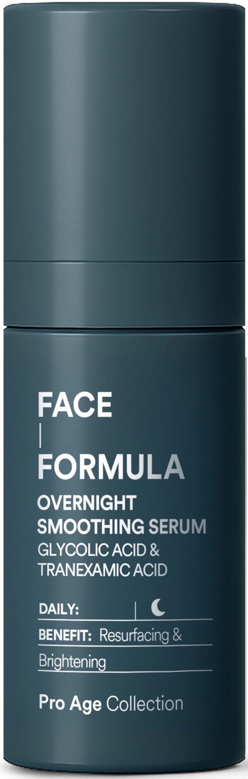 A bottle labeled Face Formula Overnight Smoothing Serum with ingredients like glycolic acid and tranexamic acid.
