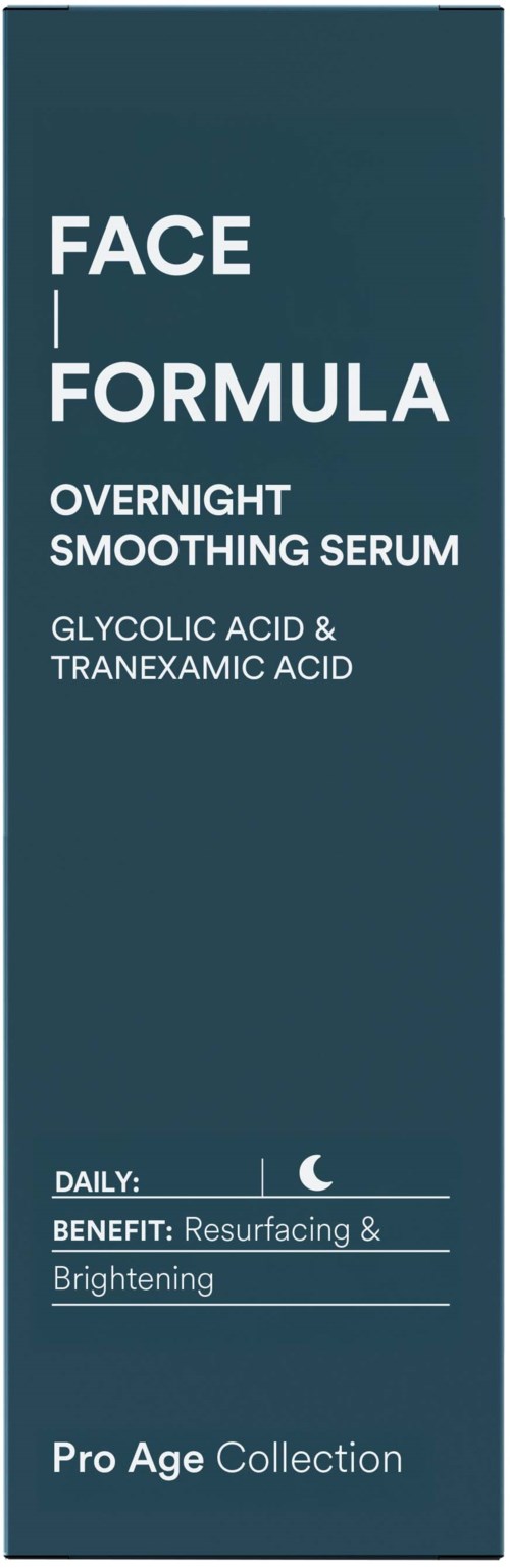 A dark blue label promotes face serum with glycolic and tranexamic acid, for overnight use, claiming to brighten skin.