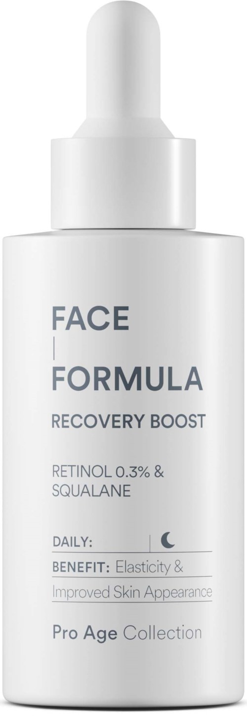 Een witte fles met druppelaar, gelabeld Face Formula Recovery Boost met retinol en squalane, voor huidverzorging.