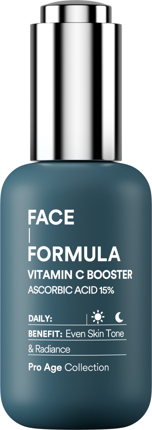 En blå flaska med ansiktsserum med silverlock, märkt som Vitamin C-boost för glödande hud.