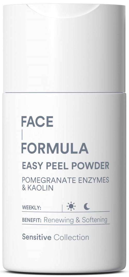 Een witte fles met label die zegt Face Formula Easy Peel Powder met granaatappelexen en Kaolin.
