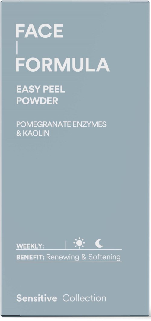 Een doos met skincare-producttekst over een peelpoeder met enzymen, voor gevoelige huid, met symbolen voor wekelijks gebruik.