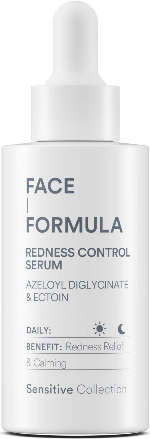 Een witte fles met druppelaar, gelabeld Face Formula Redness Control Serum voor gevoelige huid.