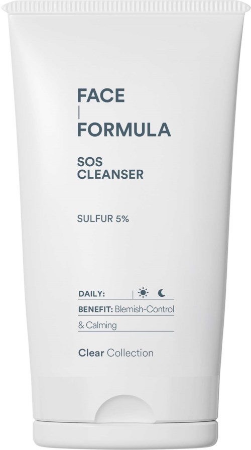 Valkoinen putkiloliin Face Formula SOS Cleanser, sulfur 5%. Sopii päivittäiseen käyttöön, ehkäisee epäpuhtauksia ja rauhoittaa ihoa.