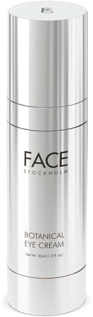 Een zilverkleurige cilindervormige fles met zwarte tekst, gemarkeerd als face botanical eye cream uit Stockholm.