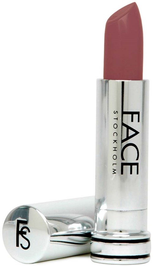 En läppstiftrör med rosa läppstift, silverhölje och märket "FACE" på.