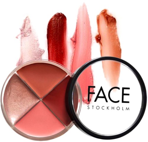 Kleurrijke lippenstiftstaaltjes boven een gezichtspoederdoos met een Stockholm Face-logo.