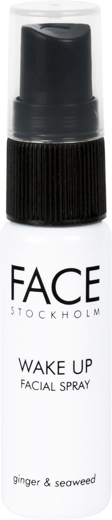 Kleine witte fles met zwarte dop, gelabeld 'FACE STOCKHOLM WAKE UP FACIAL SPRAY' met gember en zeewier ingrediënten.