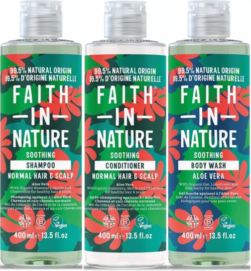 Three bottles of natural, soothing hair and body products with green and red labels, containing aloe vera and organic ingredients.