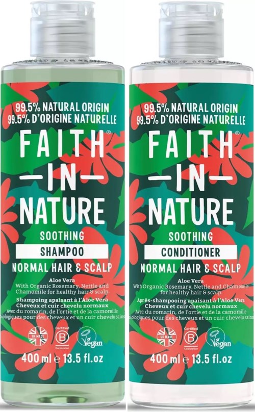 Two bottles of natural hair and scalp shampoo and conditioner with green, red, and white labels. They are for normal hair.