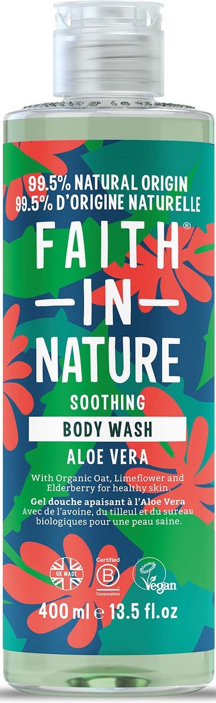 A body wash bottle with green, red, and white packaging, featuring aloe vera and natural ingredients.