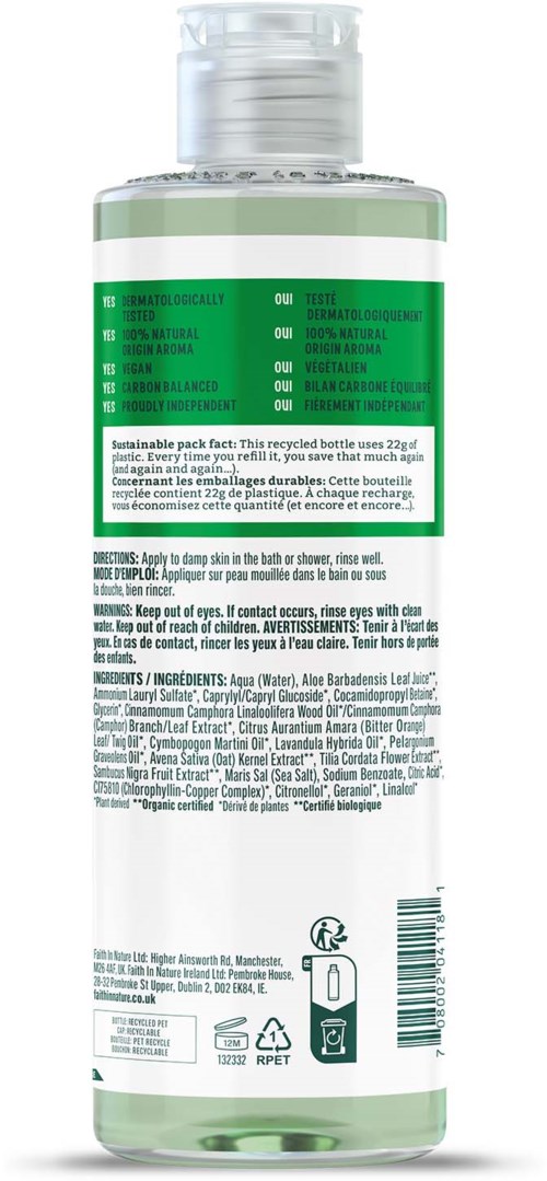 A transparent bottle with a green label showing instructions and ingredients, likely a skincare or cleaning product.