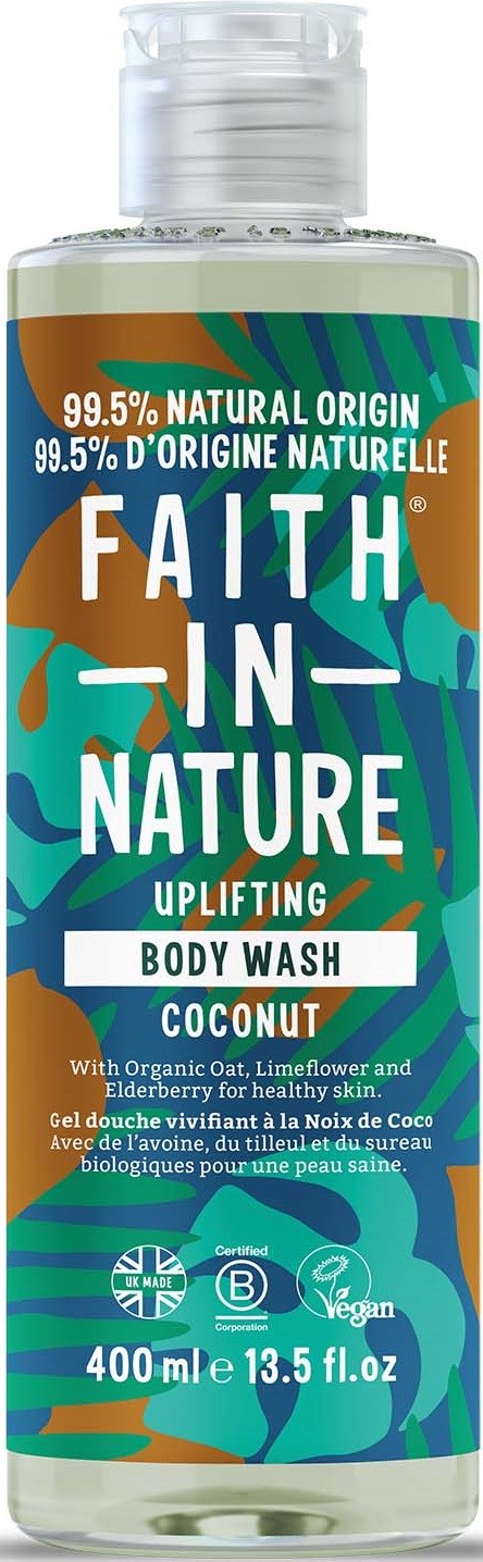 A bottle of body wash with a green, orange, and blue label, branded 'Faith in Nature,' coconut scent, 400 ml.