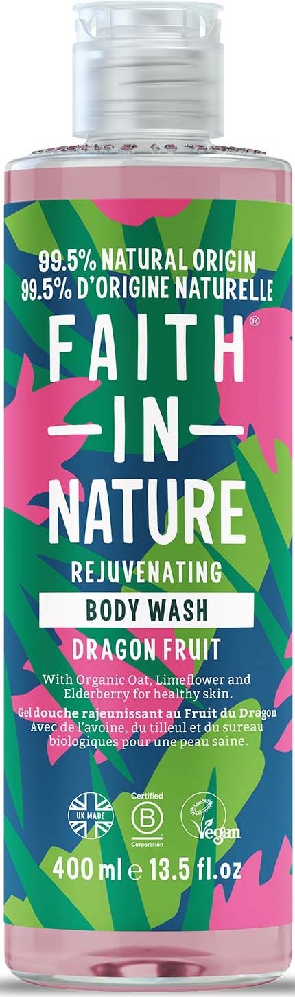 A pink body wash bottle with green and blue leaves, labeled 'Faith in Nature Dragon Fruit' and natural ingredients details.