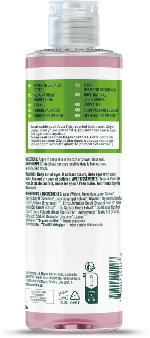 A pink and white bottle with green label, containing natural, vegan, and organic ingredients, with instructions and recycling symbols.