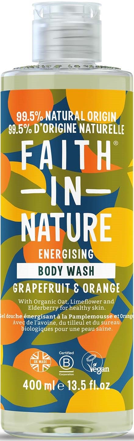A clear body wash bottle with colorful abstract shapes, labeled 'Faith in Nature' grapefruit and orange scent, 400ml.