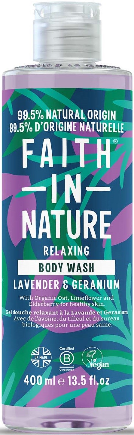 A 400ml body wash bottle with colorful leafy design, lavender scent, and natural ingredients described on the label.