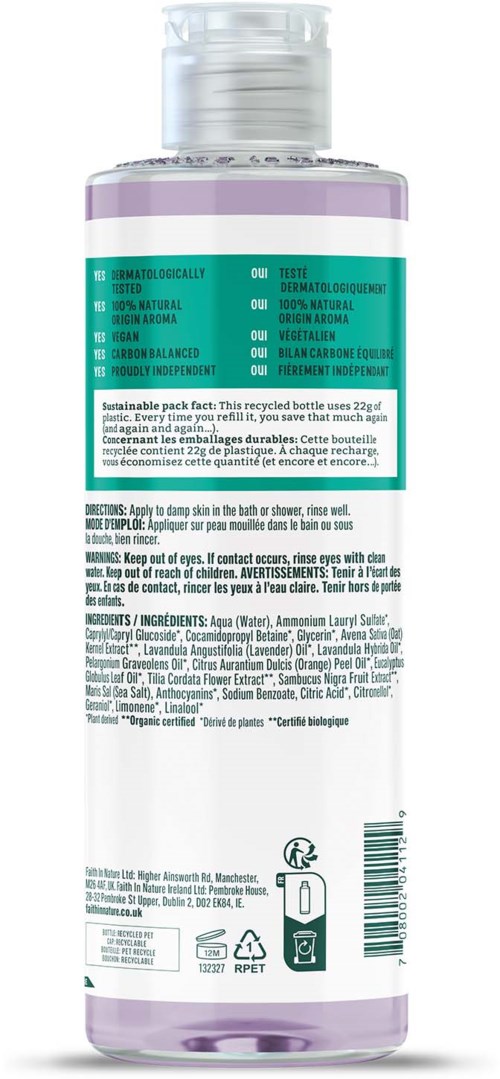 A clear bottle with purple liquid, showing a descriptive label and instructions for use on the back.