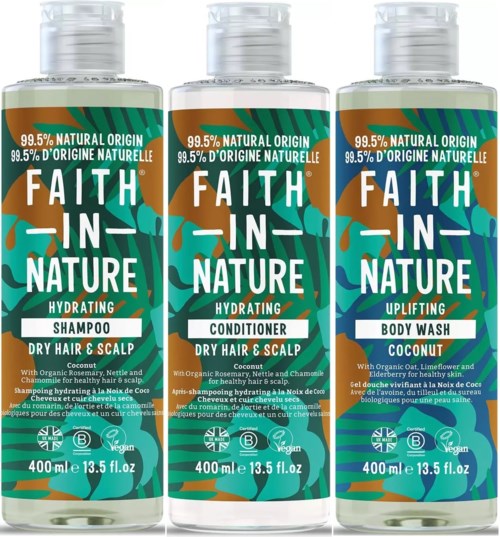 Hydrating dry hair and scalp shampoo, conditioner, and body wash bottles with coconut, rainbow, and leaf designs.