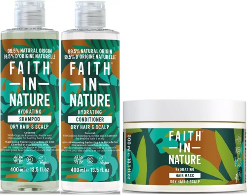 Faith In Nature hair care products, including shampoo, conditioner, and hair mask, are designed for dry hair and scalp.