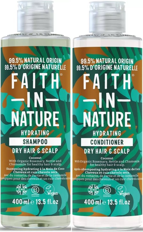 Two bottles of hair care products, one shampoo and one conditioner, with green, orange, and white labels for dry hair and scalp.